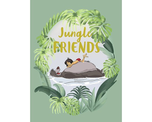 Ilustrație cu Mowgli întins pe Baloo în apă, înconjurat de plante din junglă și inscripția Prieteni din junglă.