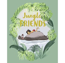 Ilustrație cu Mowgli stând întins pe Baloo într-o junglă tropicală cu inscripția Prietenii din junglă.