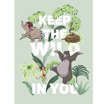 Ilustrație cu personajele din Cartea Junglei și inscripția ''Keep the wild in you''.