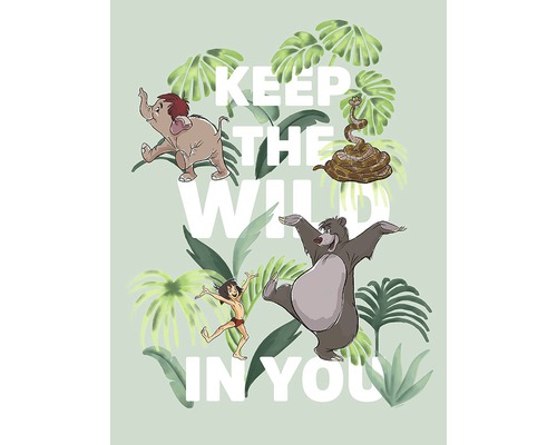 Ilustrație cu personajele din Cartea Junglei și inscripția ''Keep the wild in you''.