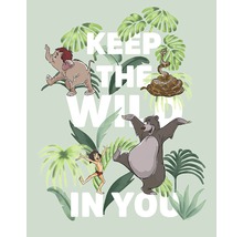 Ilustrație cu Mowgli, Baloo, Hathi, Kaa și inscripția Keep The Wild In You