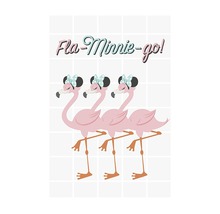 Ilustrație cu trei flamingo cu funde și inscripția Fla-Minnie-go!