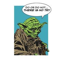 Ilustrație cu Yoda cu citatul: Fă-o sau nu o face. Nu există încercare.
