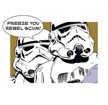 "Ilustrație cu doi Stormtrooperi cu citatul: ""Freeze you rebel scum!"""