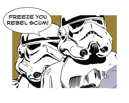 "Ilustrație cu doi Stormtrooperi cu citatul: ""Freeze you rebel scum!"""