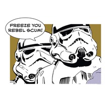 Ilustrație cu doi Stormtrooperi cu balonul de text ''Freeze you rebel scum!''