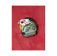 Ilustrație a unei căști de pilot Star Wars pe fundal roșu