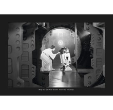 Fotografie alb-negru a prințesei Leia atingându-l pe R2-D2 într-un coridor