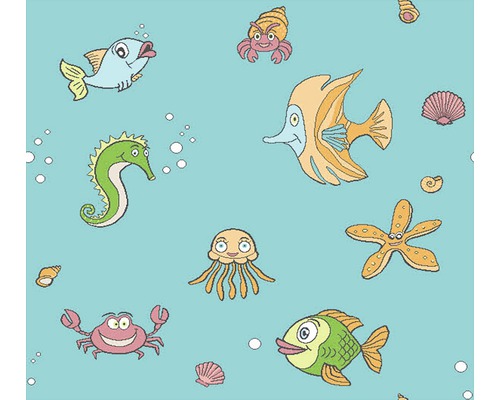Mochetă pentru camera copiilor Ocean Blue 400 cm lățime (la metru) Ilustrație cu diverse animale marine, cum ar fi pești, crabi, căluți de mare, meduze și stele de mare.