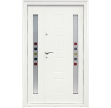 Ușă de intrare albă cu inserții de sticlă și elemente decorative pătrate