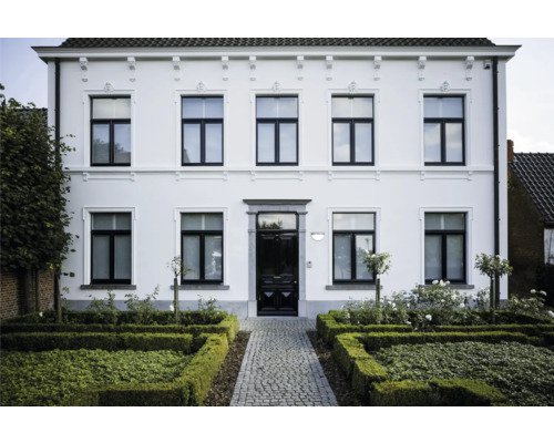 Fațada unei case cu ferestre și amenajare peisagistică