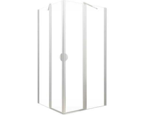 Cabină de duș pe colț cu uși de sticlă și cadru metalic