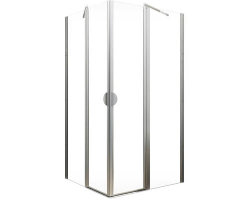 Cabină de duș pe colț cu panouri de sticlă transparentă și cadru