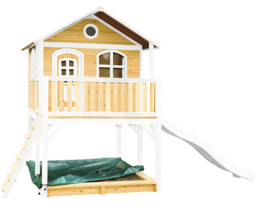 Căsuță de joacă din lemn cu tobogan și groapă cu nisip