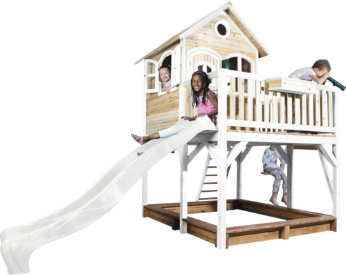Căsuță de joacă pentru copii cu tobogan și groapă de nisip