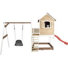 Căsuță de joacă cu leagăn, groapă de nisip și tobogan pentru grădină