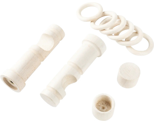 Accesorii pentru galerie de perdele din lemn, constând din suporturi de galerie, inele și capete