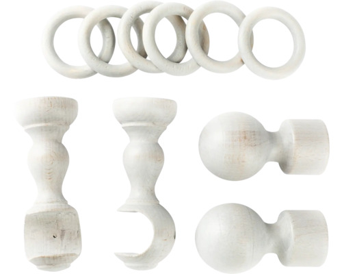 Set accesorii pentru galerii de perdele din lemn cu inele pentru perdele, suporturi și capete