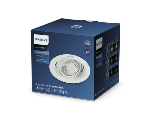 Ambalajul unui spot LED încastrat Philips MyLiving cu funcția SceneSwitch