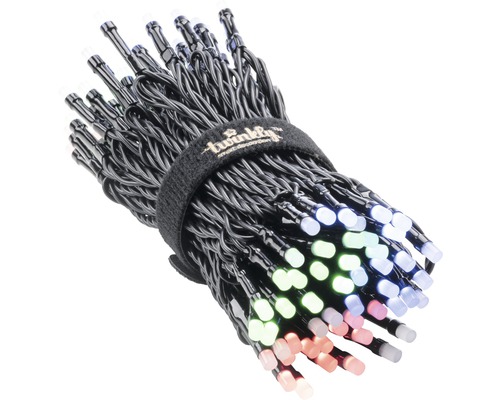 Șir luminos grupat cu LED-uri multicolore și logo-ul Twinkly pe banda velcro