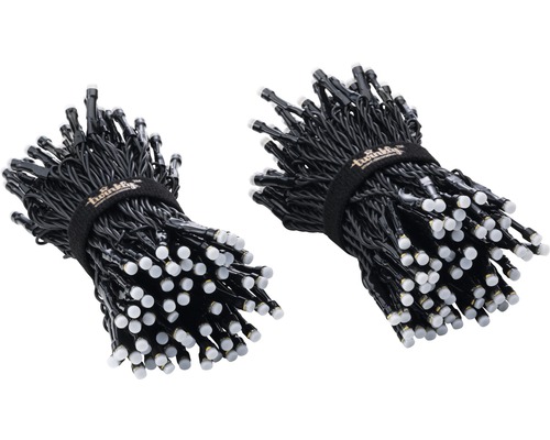 Două șiruri luminoase Twinkly cu cabluri negre și lumini LED albe.