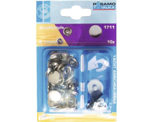 Set capse Pösamo Yacht & Caravan Ø15 mm, nichelate, 10 bucăți, incl. dispozitiv de aplicare