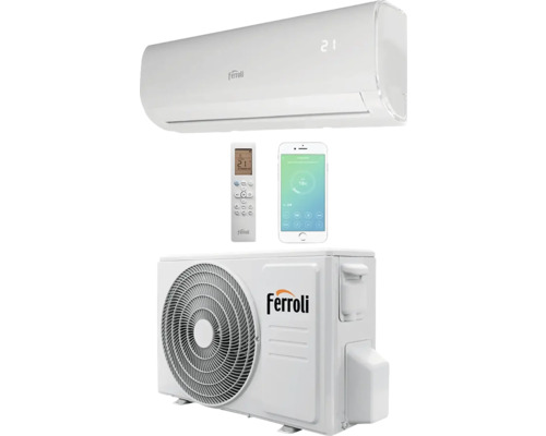 Aparat aer condiționat Ferroli Giada S 18000 BTU WiFi Smart, alb, fără kit de instalare Aparat de aer condiționat Ferroli cu unitate interioară, unitate exterioară, telecomandă și smartphone