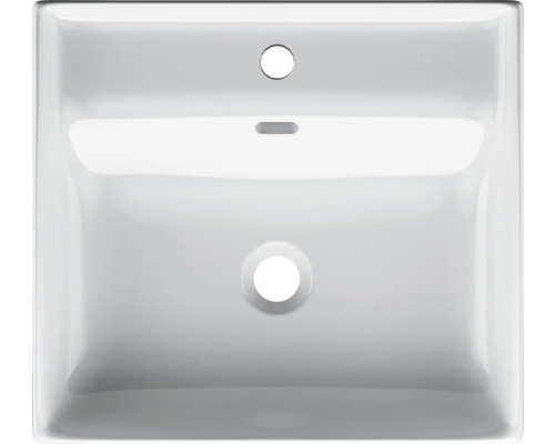 Vedere de sus a unei chiuvete ceramice albe cu orificiu pentru robinet și preaplin