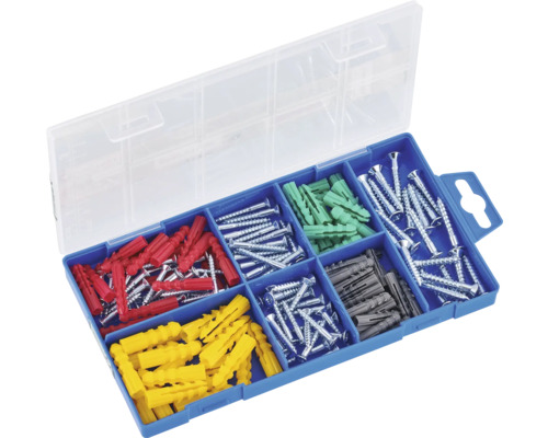 Cutie sortiment cu dibluri și șuruburi