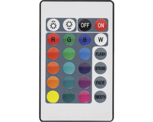 Telecomandă pentru becuri LED cu diverse butoane de culoare și moduri