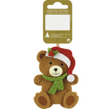 Decorațiune ursuleț de pluș cu căciulă de Moș Crăciun și fular, din pâslă