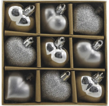 Nouă globuri de Crăciun din sticlă în formă de inimă într-un ambalaj