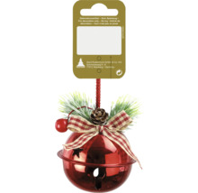 Ornament decorativ roșu de pom de Crăciun în formă de clopot cu fundă și con de pin