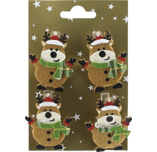 Patru decorațiuni de Crăciun din pâslă în formă de ren cu fular și căciulă pe o carte