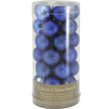 Set de globuri de Crăciun albastre din sticlă în recipient de plastic