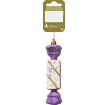 Decorațiune strălucitoare de pom de Crăciun, în formă de bomboană, mov și alb