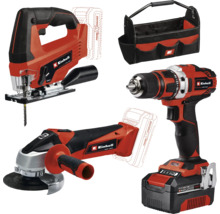 Set de scule Einhell cu mașină de găurit și înșurubat cu acumulator, fierăstrău vertical, polizor unghiular și geantă de scule