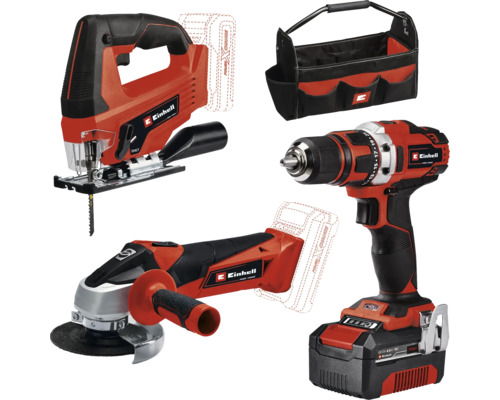 Set de scule Einhell cu mașină de găurit și înșurubat cu acumulator, fierăstrău vertical, polizor unghiular și geantă de scule