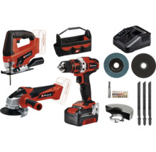 Set de scule cu acumulator Einhell cu ferăstrău vertical, polizor unghiular, mașină de găurit, încărcător, geantă pentru scule și accesorii