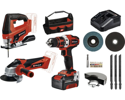Set de scule cu acumulator Einhell cu ferăstrău vertical, polizor unghiular, mașină de găurit, încărcător, geantă pentru scule și accesorii