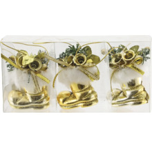 Trei decorațiuni de Crăciun aurii în formă de cizmă într-un ambalaj transparent.