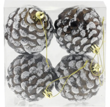 Set de patru globuri de brad sub formă de con de pin cu zăpadă artificială