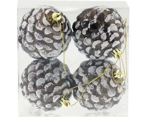 Set de patru globuri de brad sub formă de con de pin cu zăpadă artificială