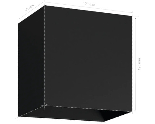 Imagine a unei lămpi în formă de cub cu dimensiunile de 95 milimetri și 120 milimetri ca desen tehnic.