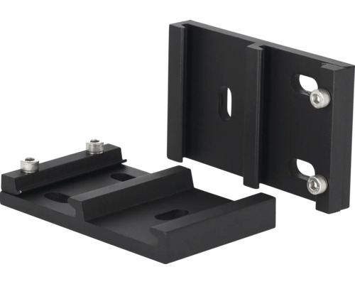 Două șine de montare negre din aluminiu cu șuruburi