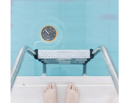 Scenă de piscină cu termometru de piscină, scară și picioare