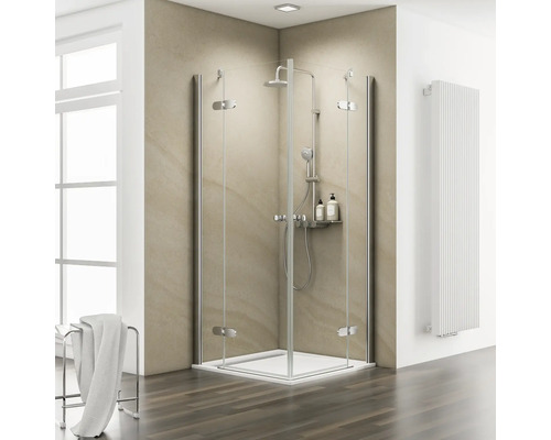 Cabină de duș pătrată Schulte MasterClass, 90x90x200 cm, sticlă securizată transparentă, profil cromat, cu balamale pivotante