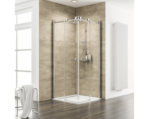 Cabină de duș pătrată Schulte MasterClass, 90x90x200 cm, uși glisante, sticlă securizată transparentă, profil cromat