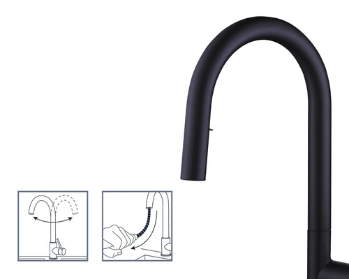 Baterie de bucătărie neagră cu gât înalt și instrucțiuni de utilizare