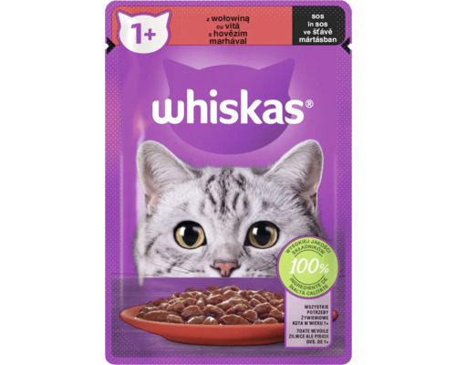 Hrană umedă pentru pisici Whiskas Adult cu vită în sos 85 g Whiskas hrană pentru pisici cu carne de vită pentru pisici de la un an